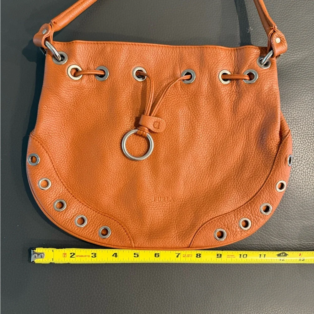 Orange Brown Leather Original Furla Drawstring Hobo Bag Purse - Picture 7 of 8
